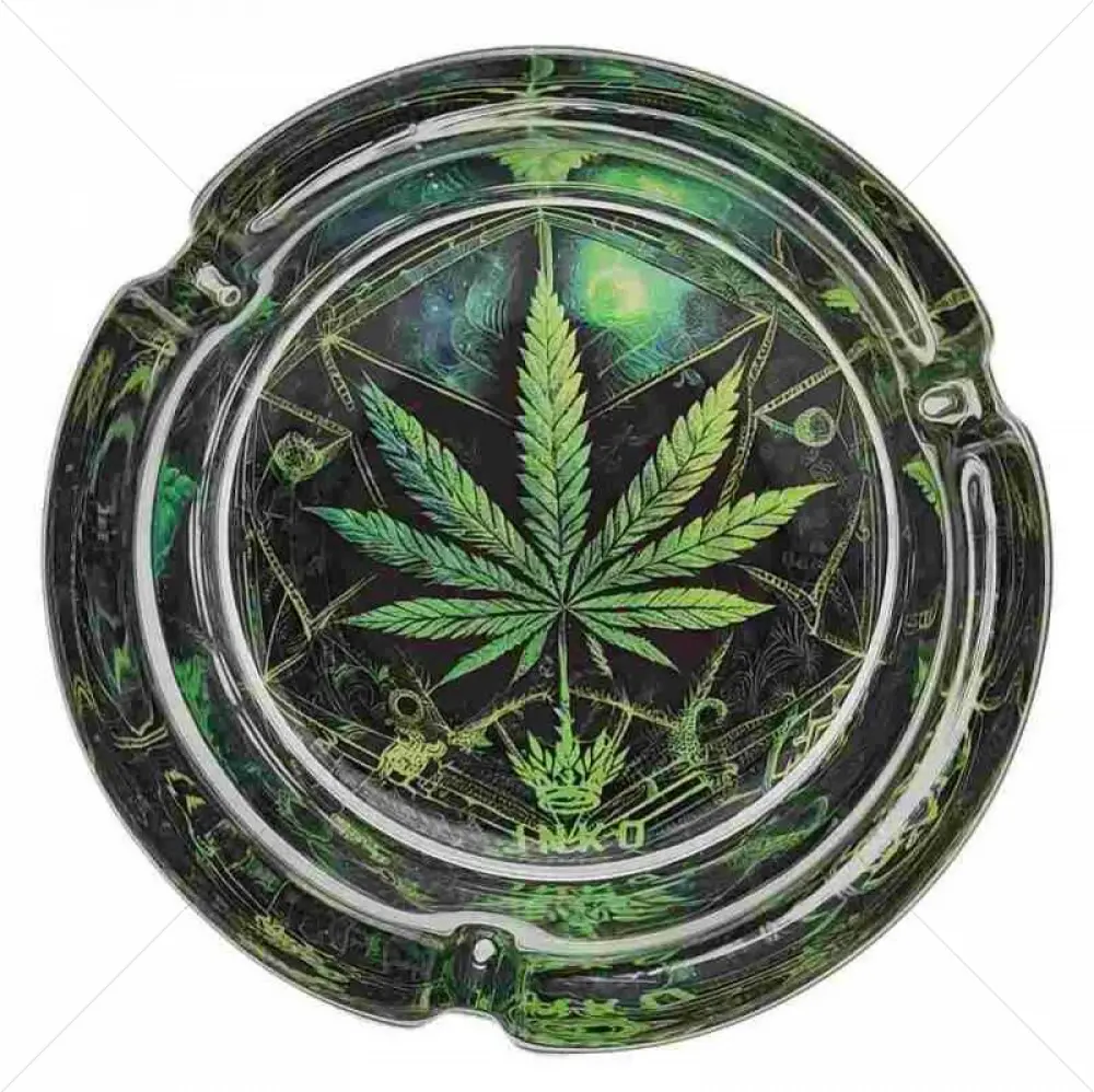 Cendrier rond en verre 10cm | Série psychédélique | Design 5 | Feuille de cannabis 1