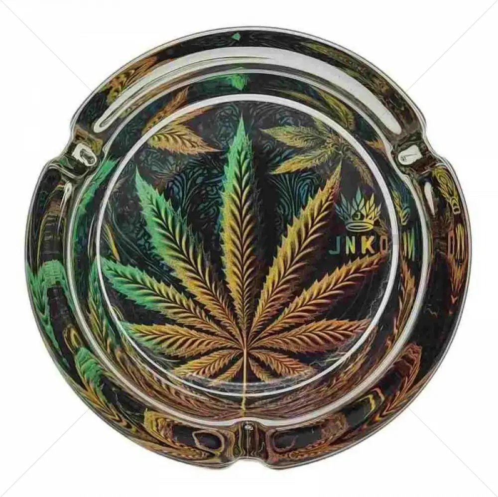 Cendrier rond en verre 10cm | Série psychédélique | Design 5 | Feuille de cannabis 2